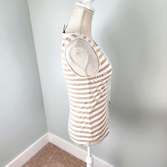 WHITE HOUSE BLACK MARKET WOMEN'S SLEEVELESS TIE FRONT TAN AND WHITE TOP SIZE XS - Picture 3 of 6